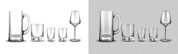 Set of glasses for tequila, whisky, beer tankard and wine
