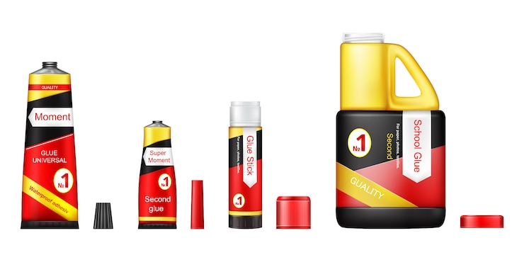 Free Vector set of glue tubes with open lids, universal moment adhesive gel for repair