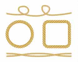 Free vector set of gold silk cords and round and square frames of satin rope golden threads.