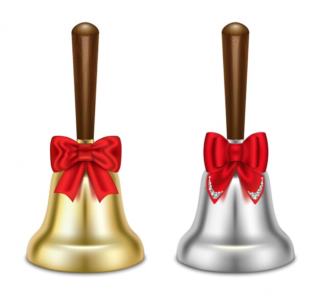 Premium Vector | Silver bells with blue ribbon.