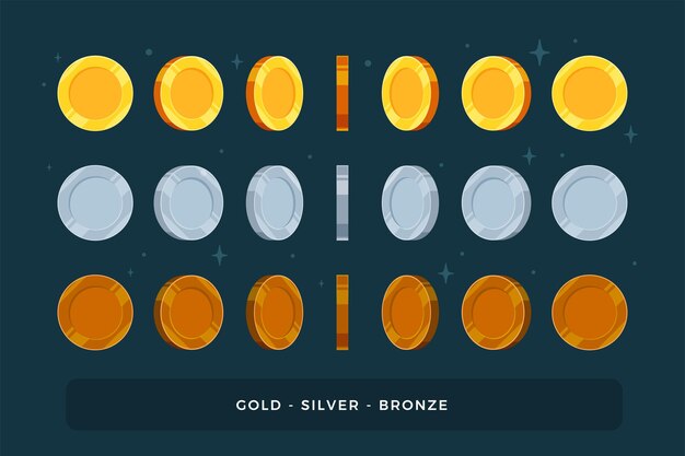 Набор золотых, серебряных и бронзовых монет. Изолированные