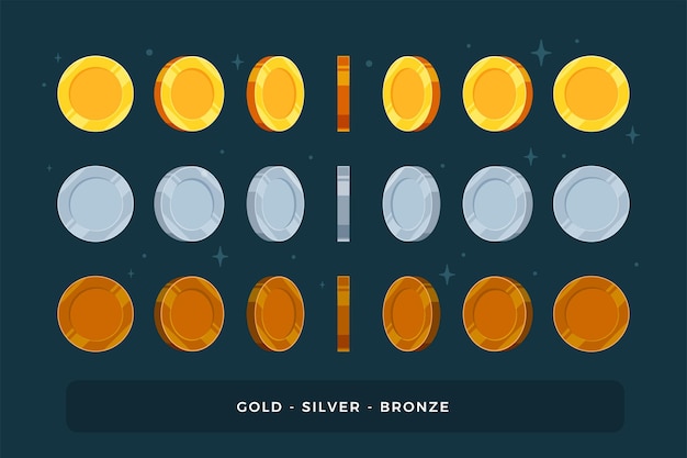 A set of Gold, silver and bronze coins. Isolated