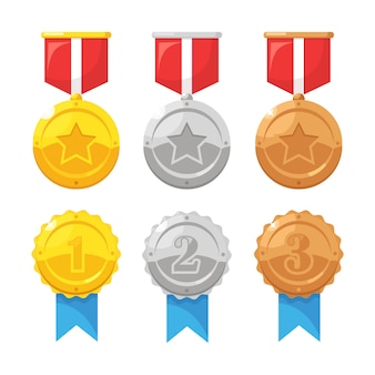 Set of gold, silver, bronze medal with star for first place. trophy, award for winner isolated on background. golden badge with ribbon. achievement, victory concept. cartoon flat design