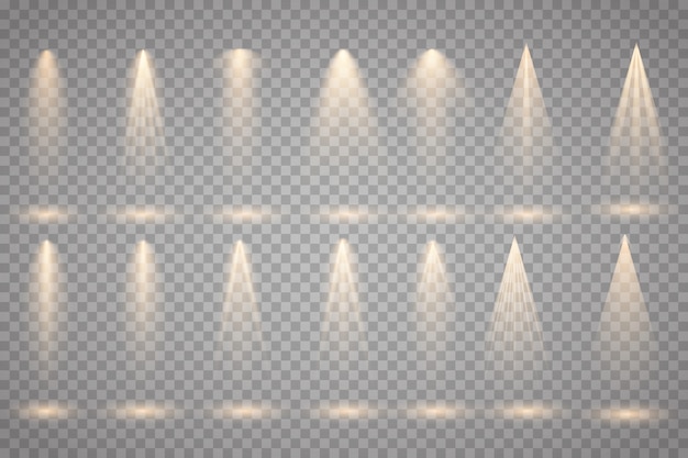 Set of gold spotlight isolated on transparent background. vector glowing light effect