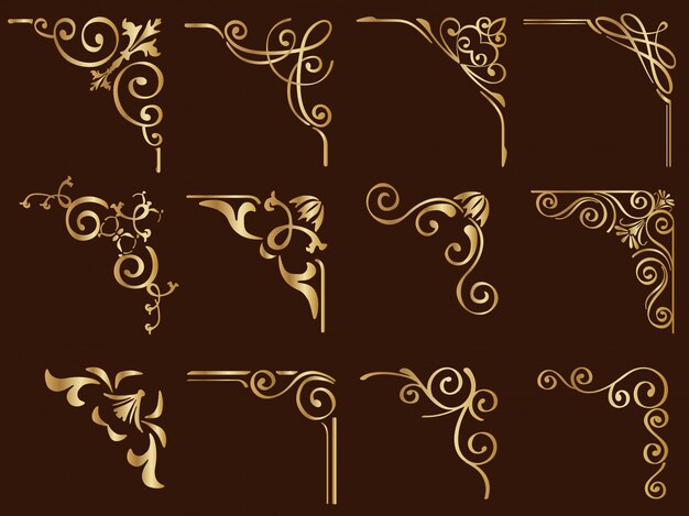 Set of gold vintage corner frames isolated on a dark background.