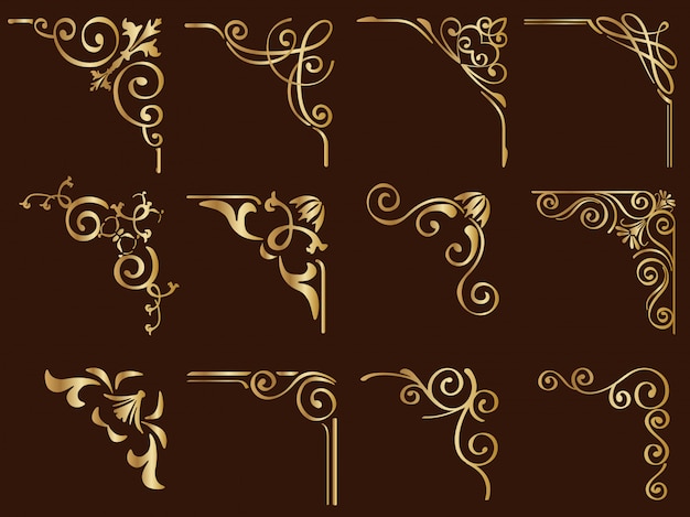 Set of gold vintage corner frames isolated on a dark background.