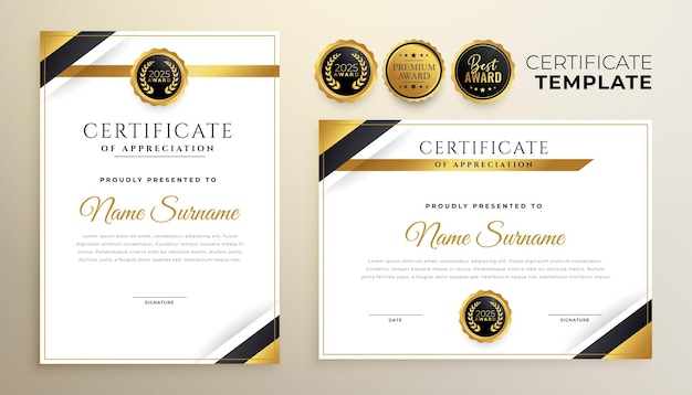 Set di modello di certificato d'oro di apprezzamento per onore o gratitudine