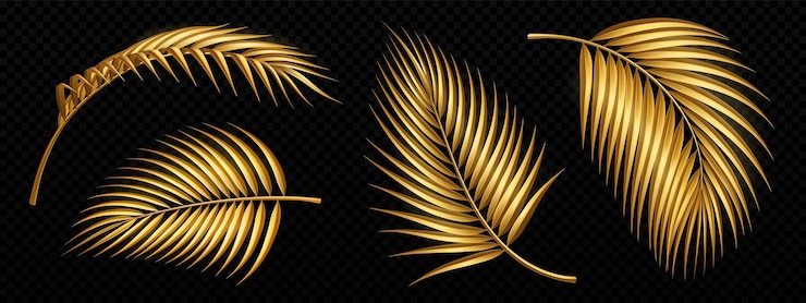 Free Vector set of golden palm tree leaves isolated on black