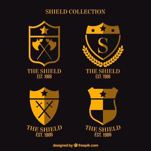 Set of golden shield badges in flat design
