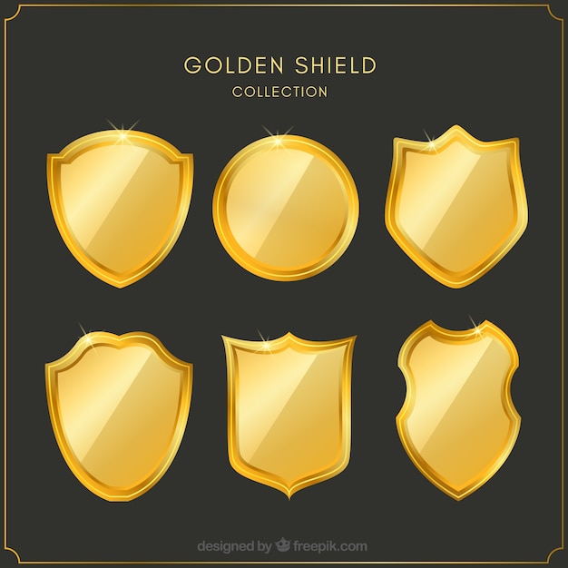 Free vector set of golden shields in flat design