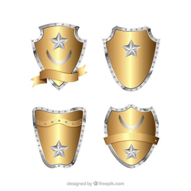 Golden Shields with Stars – Free Vector Download
