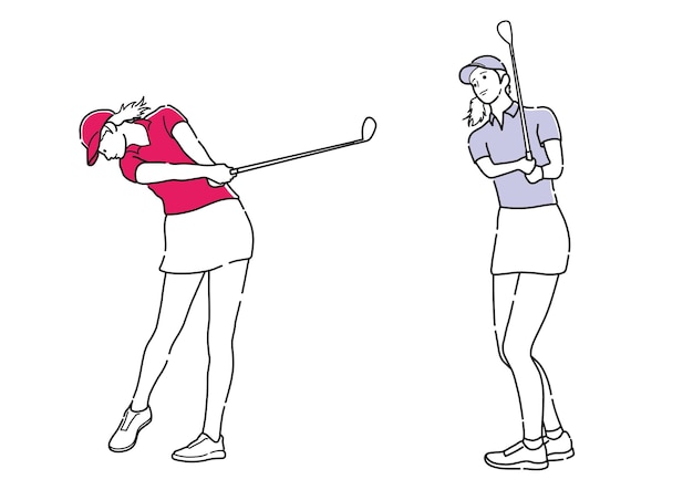 ゴルファーのセットは、白い背景で隔離の簡単な線画をベクトルします。