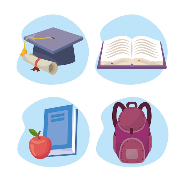 Set di cappello di laurea con diploma e libro con mela e zaino