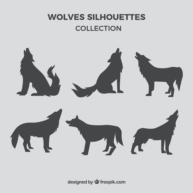 Set of gray wolf silhouettes