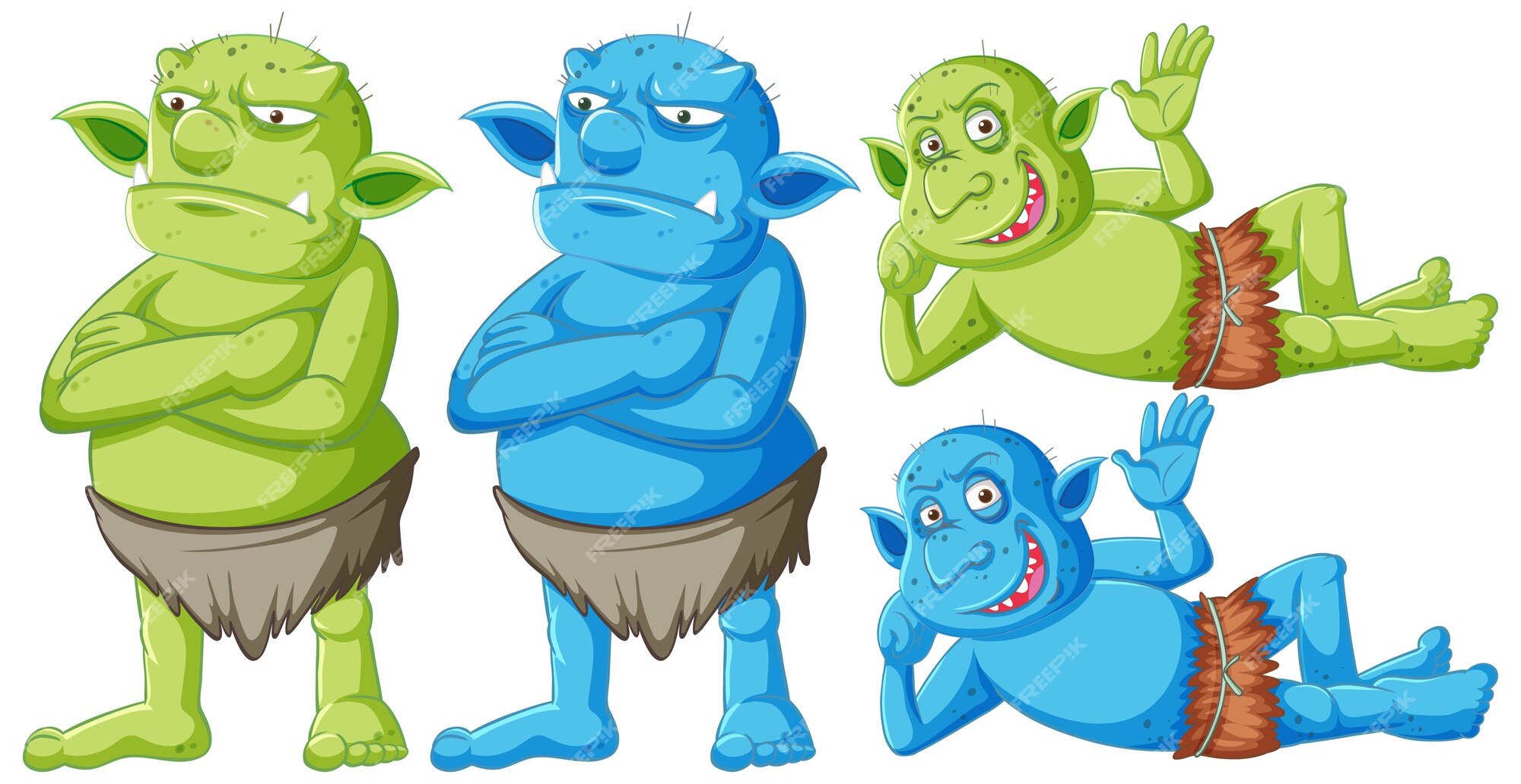 al límite instructor Espinoso Free Vector | Set of green and blue goblin or troll standing and lying with  different faces in cartoon character isolated