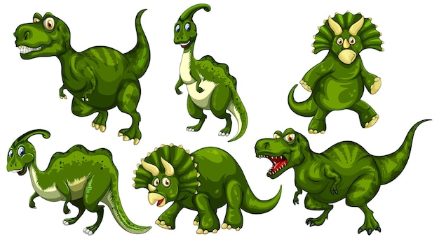 Set of green dinosaur cartoon character