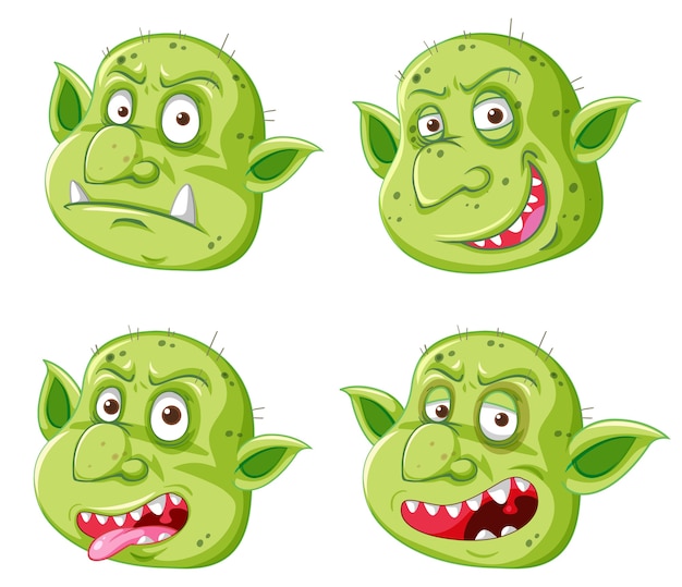 Vettore gratuito set di faccia verde goblin o troll in diverse espressioni in stile cartone animato isolato