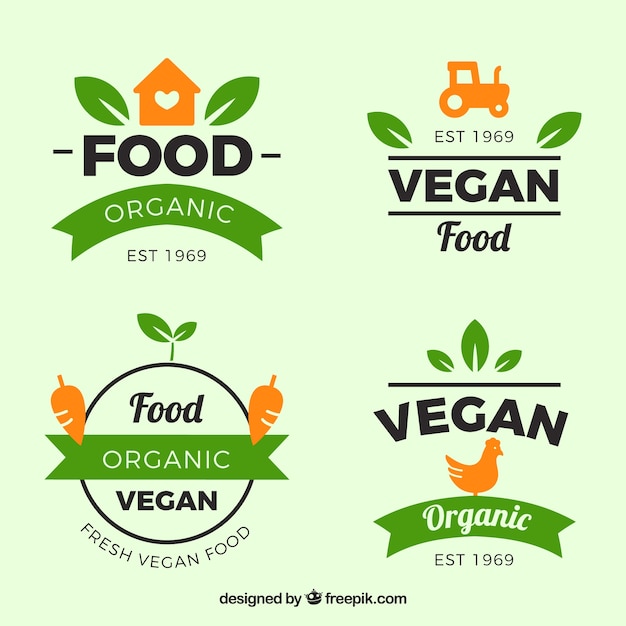 Set of green and orange labels with organic food