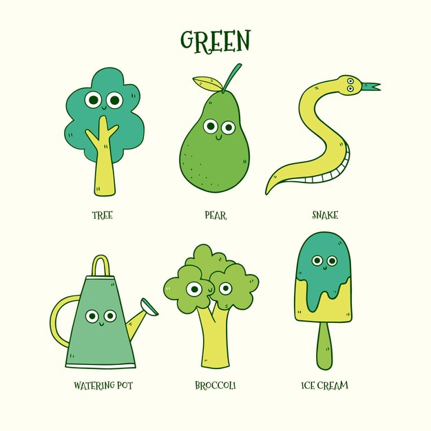 Set of green vocabulary elements in english
