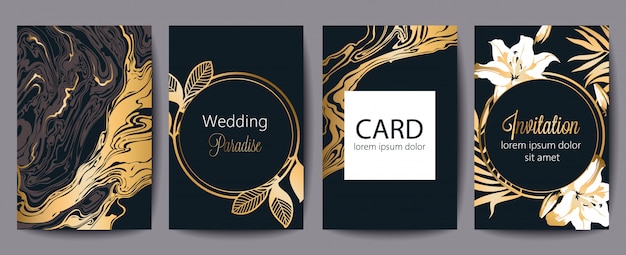 Set of greeting cards with place for text. wedding paradise. invitation. black and gold decoration. floral theme