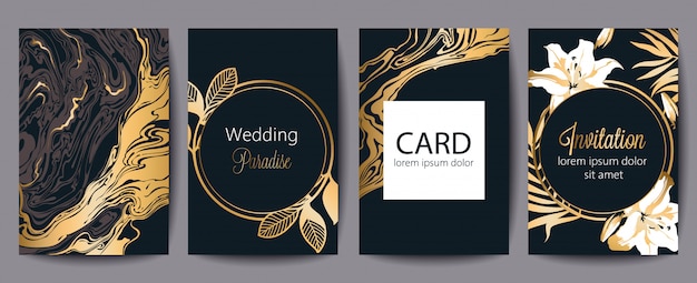 テキストのための場所でのグリーティングカードのセットです。結婚式の楽園。招待。黒と金の装飾。花のテーマ