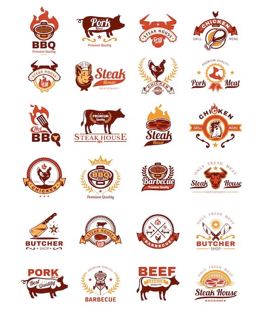 Установите значки для гриля и барбекю, наклейки, эмблемы