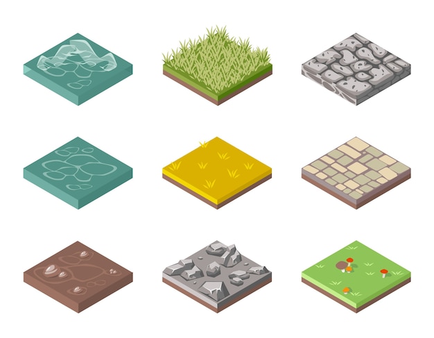 Set of ground surfaces. grass, rocks and water. landscape web design. vector illustration