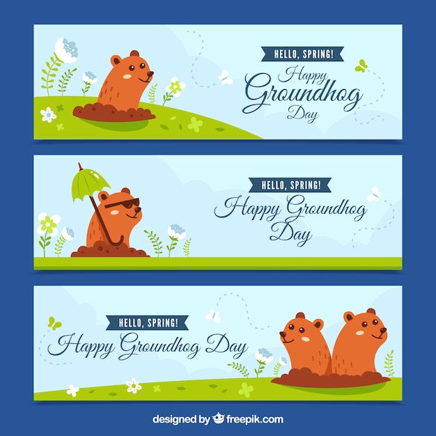 Free vector set of groundhog day banners in vintage style