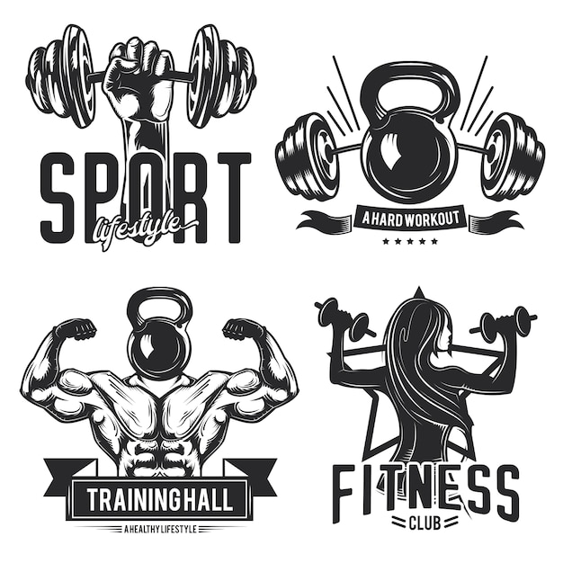 Free vector set of gym emblems, labels, badges, logos. isolated on white