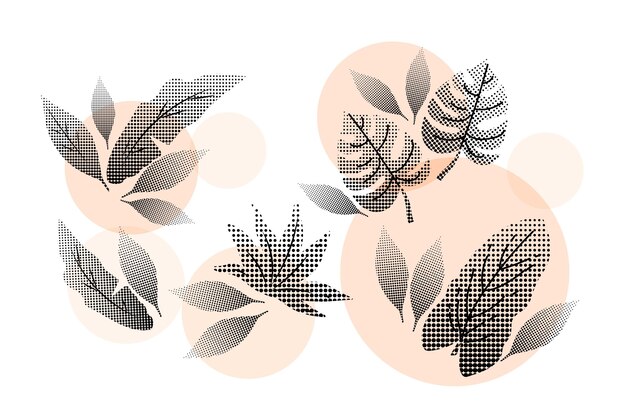 Set of halftone pink tropical flowers and leaves
