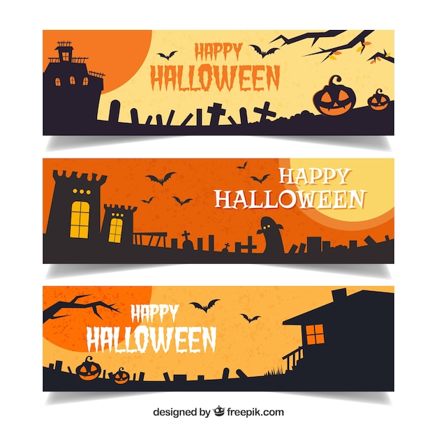 Free vector set of halloween banners with dark landscapes