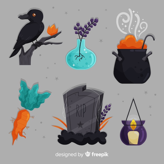Free vector set of halloween decorative elements on grey background