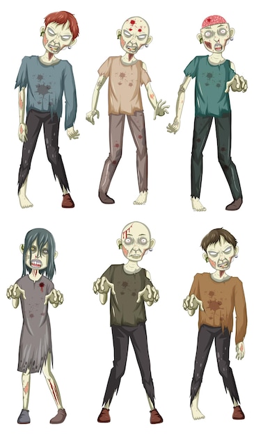 Vettore gratuito set di personaggi dei cartoni animati di zombie di halloween