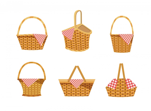 Free vector set of hamper with food and tablecloth decoration