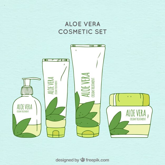 Vettore gratuito set di cosmetici aloe vera disegnati a mano