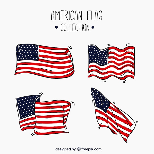 Free Vector set of hand-drawn american flags with different designs