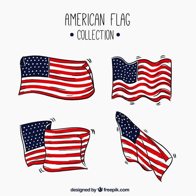 다른 디자인으로 손으로 그린 미국 국기 세트