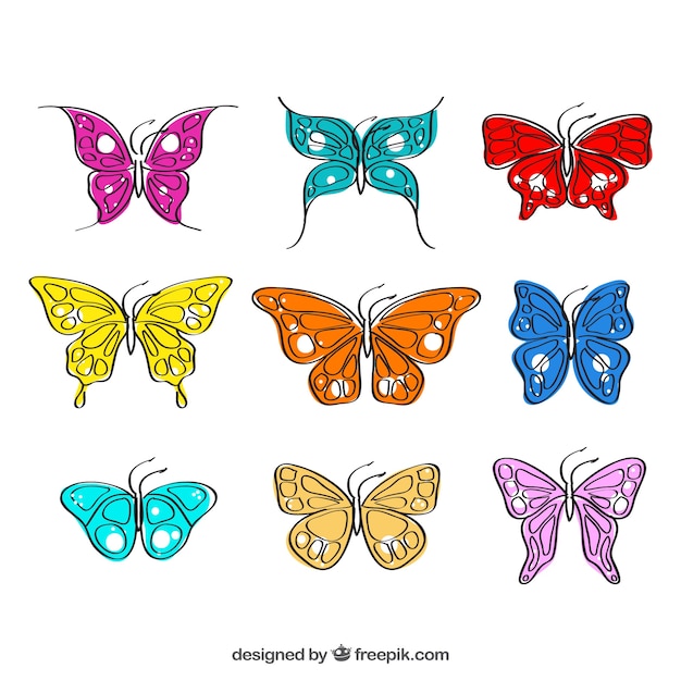 Vettore gratuito set di farfalle disegnati a mano di colori