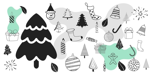 Set di simboli decorativi natalizi disegnati a mano