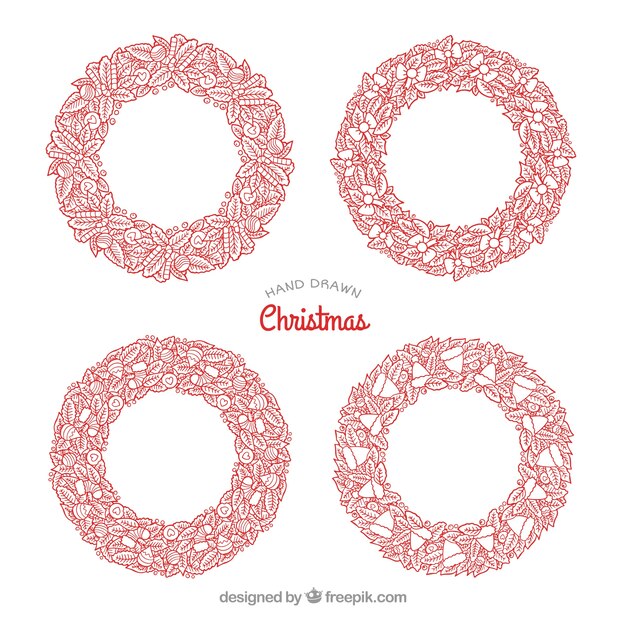 手描きのクリスマスの花輪のセット