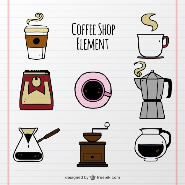 Set of hand drawn coffee elements