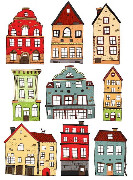 手描きの色の建物のセット