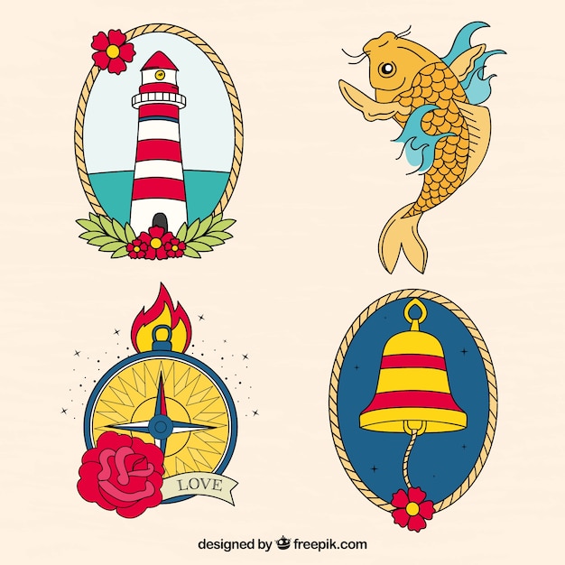 Set of hand drawn colored sailor tattoos