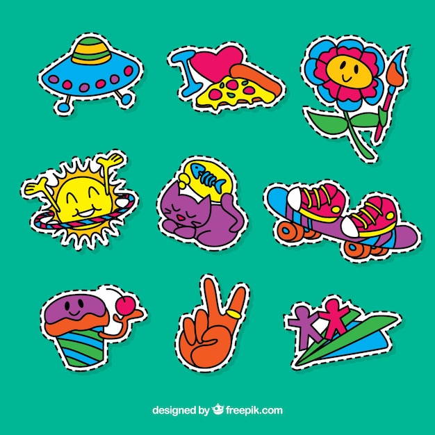 Free vector set of hand-drawn colorful stickers