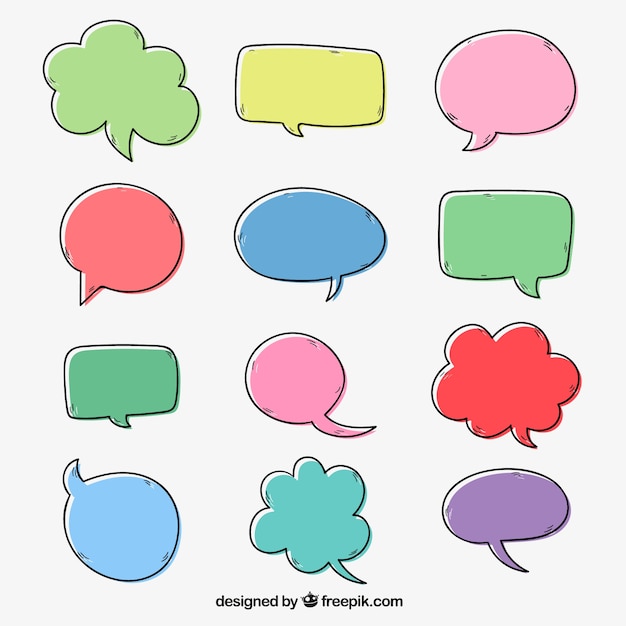 Set of hand drawn comic colored speech bubbles