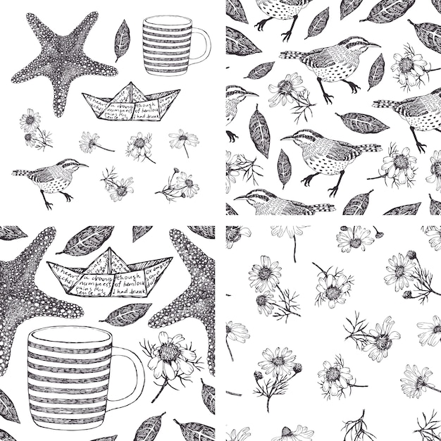 Set of hand-drawn design elements and patterns with camomiles, birds and sea stars