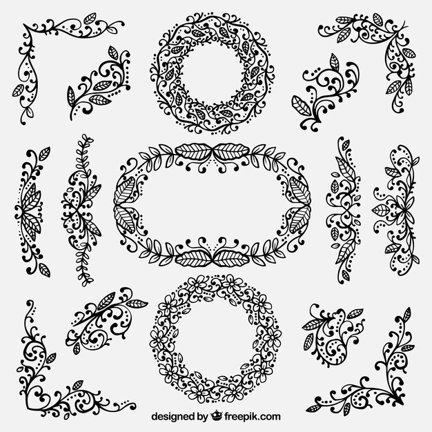 Set of hand drawn floral decoration elements