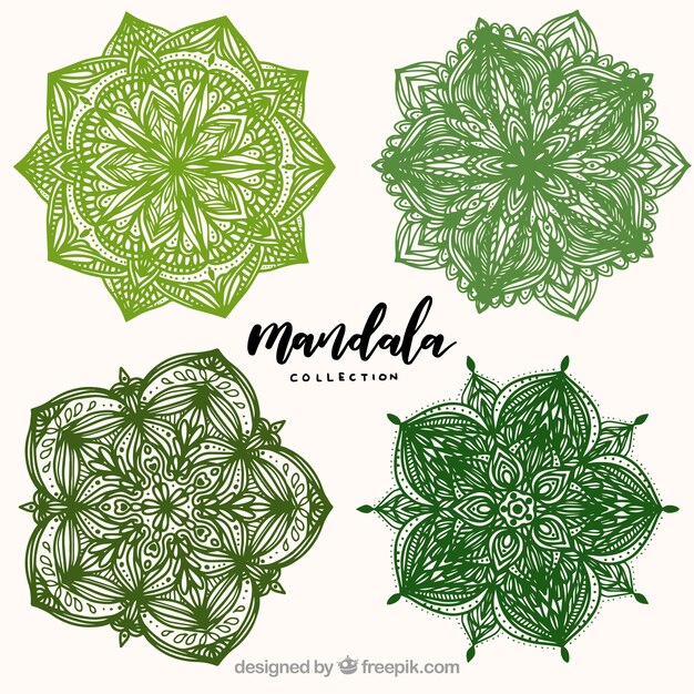 Set of hand-drawn green mandalas