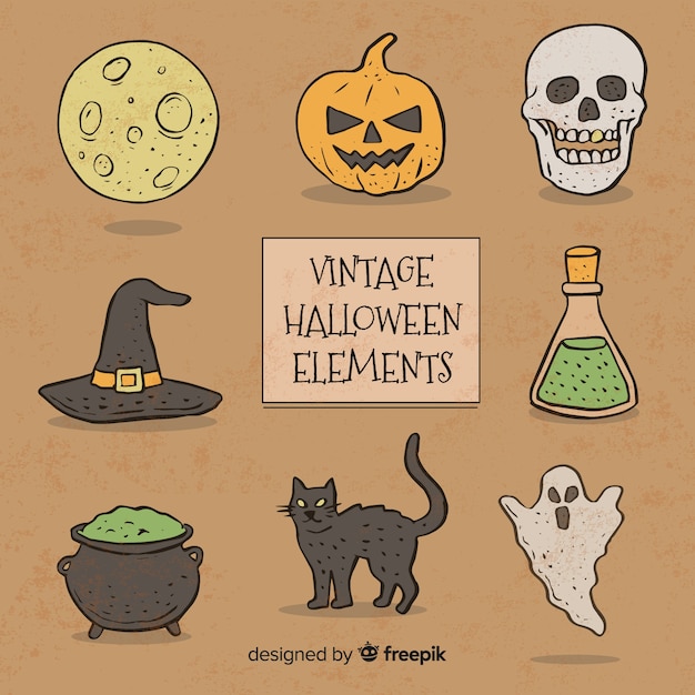 Free vector set of hand-drawn halloween elements