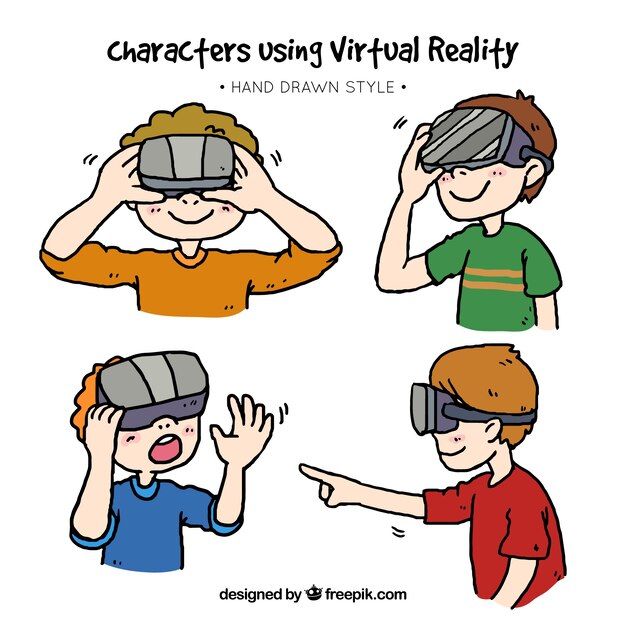 Set of hand-drawn happy kids enjoying with virtual reality glasses
